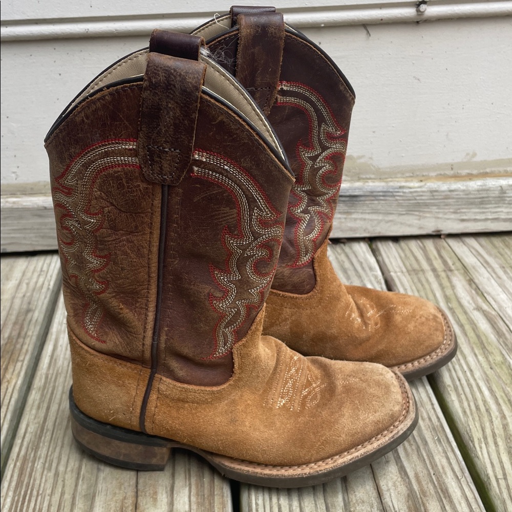 KIDS Old West Brown Two-Tone Leather Cowboy Boots Size 12D